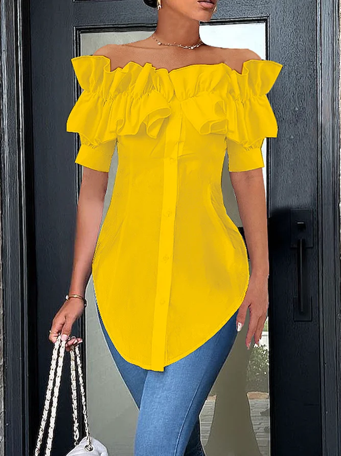 Elegant Off Shoulder Ruffle Short Sleeve Button-Down Blouse
