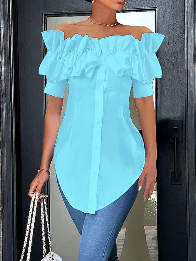 Elegant Off Shoulder Ruffle Short Sleeve Button-Down Blouse