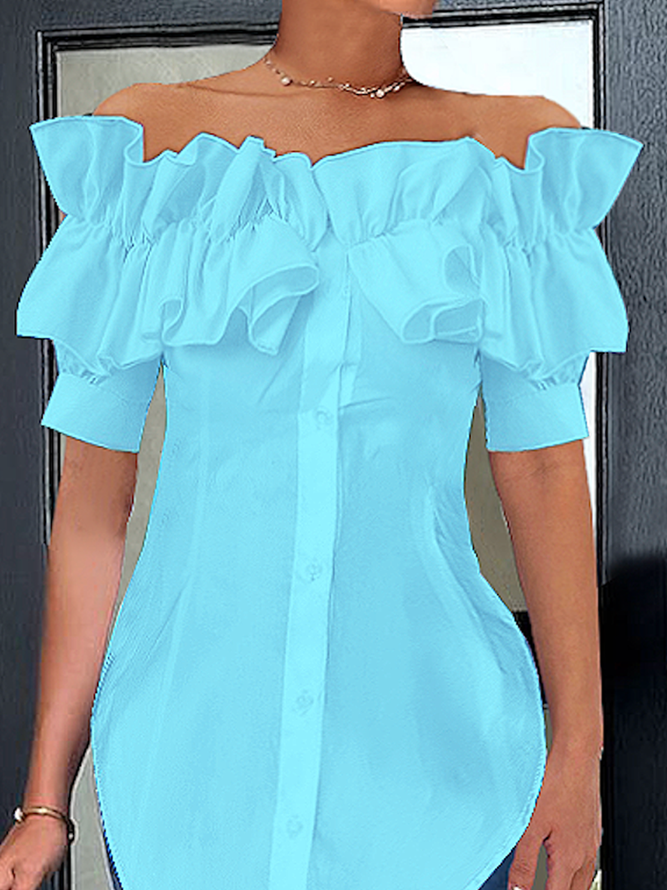 Elegant Off Shoulder Ruffle Short Sleeve Button-Down Blouse