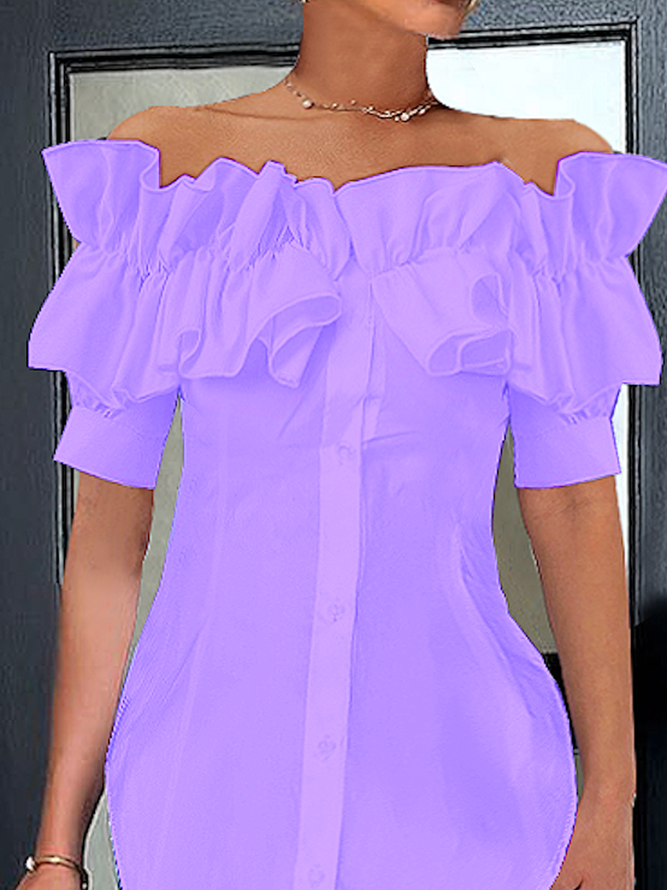 Elegant Off Shoulder Ruffle Short Sleeve Button-Down Blouse