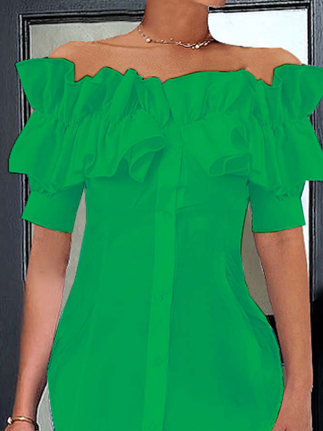 Elegant Off Shoulder Ruffle Short Sleeve Button-Down Blouse