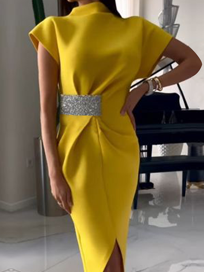 Elegant Stand Collar Waist Design Midi Dress