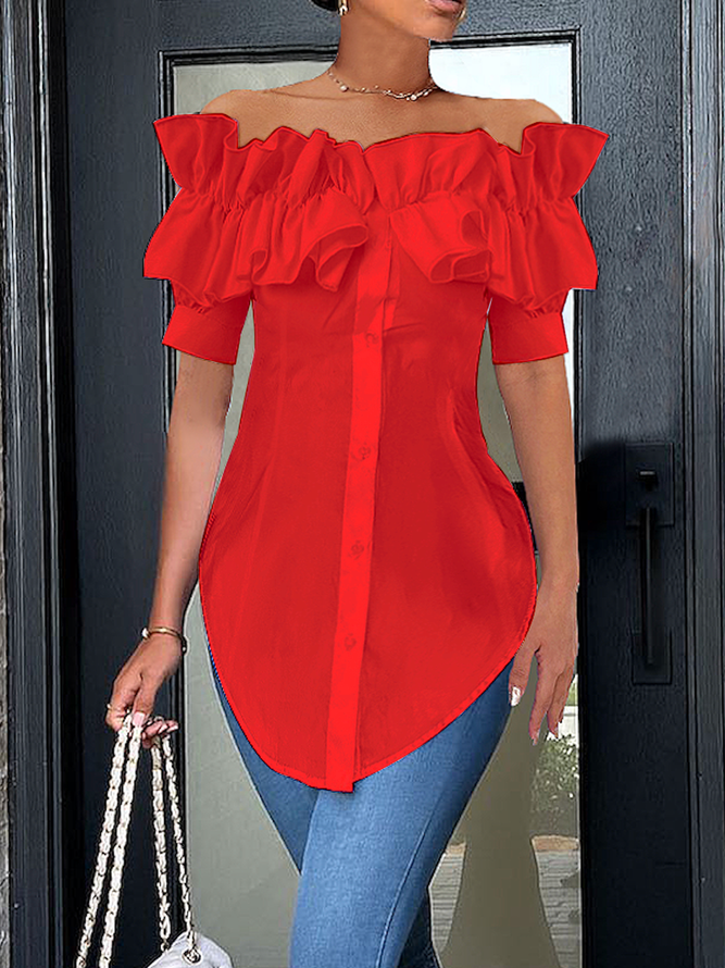 Elegant Off Shoulder Ruffle Short Sleeve Button-Down Blouse