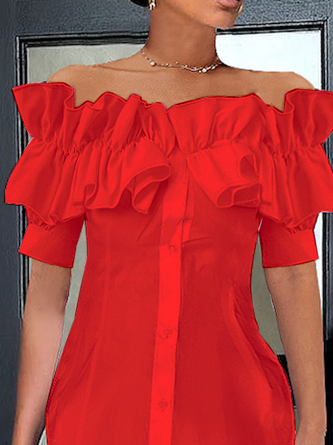 Elegant Off Shoulder Ruffle Short Sleeve Button-Down Blouse
