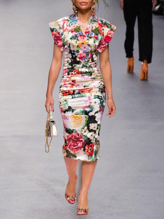 Elegant Floral V Neck Midi Dress