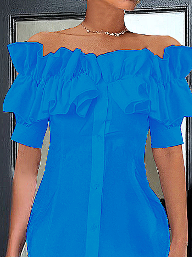 Elegant Off Shoulder Ruffle Short Sleeve Button-Down Blouse