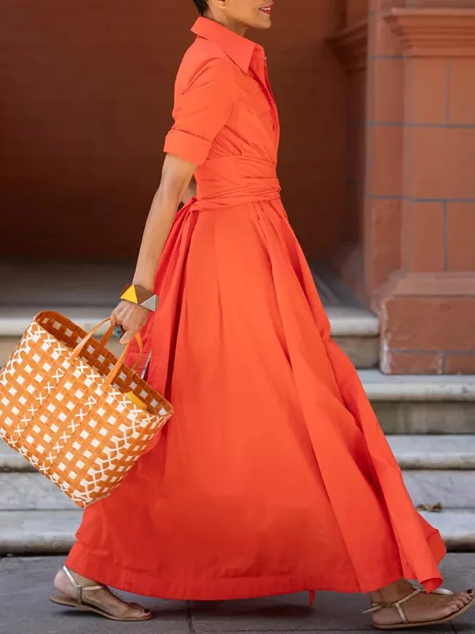 Elegant Pocket Cotton Shirt Dress With Belt
