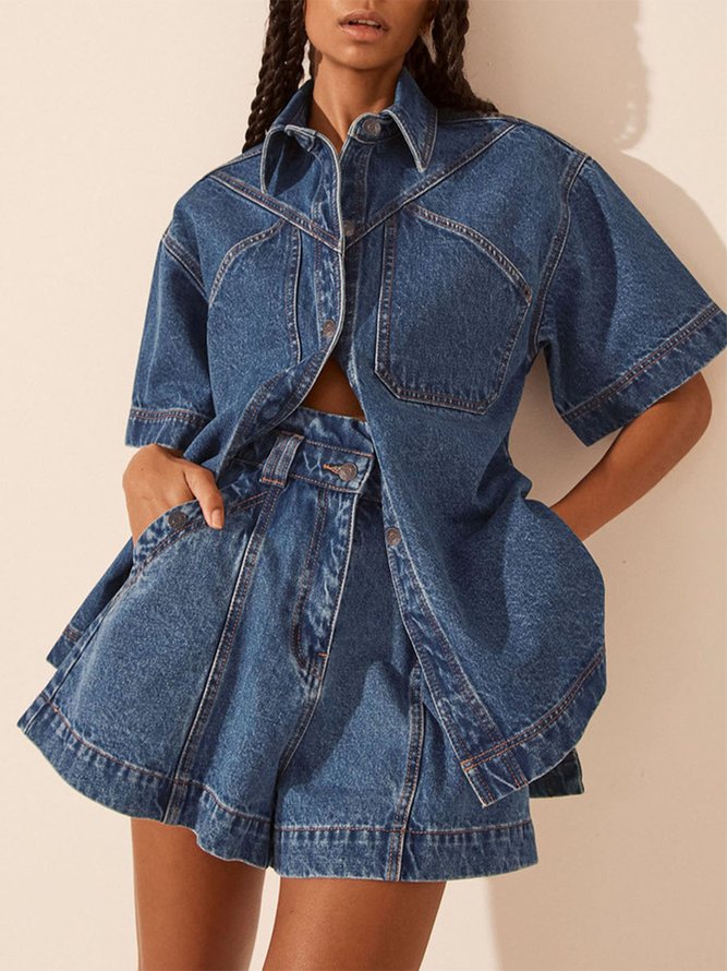 Casual Loose Shirt Collar Denim Blouse