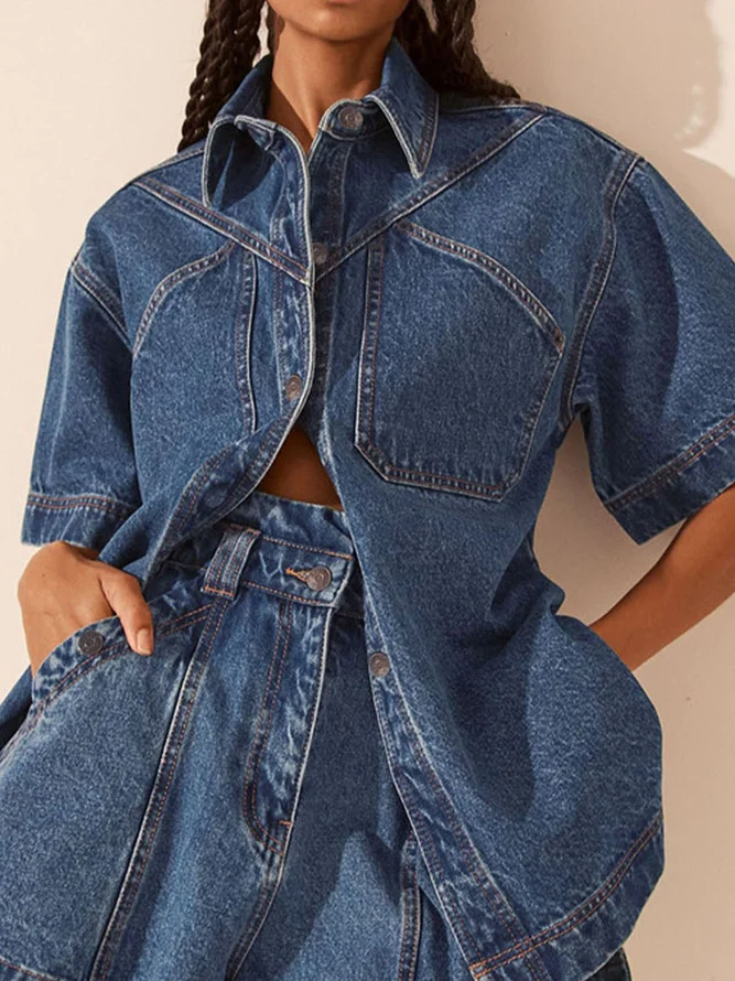 Casual Loose Shirt Collar Denim Blouse