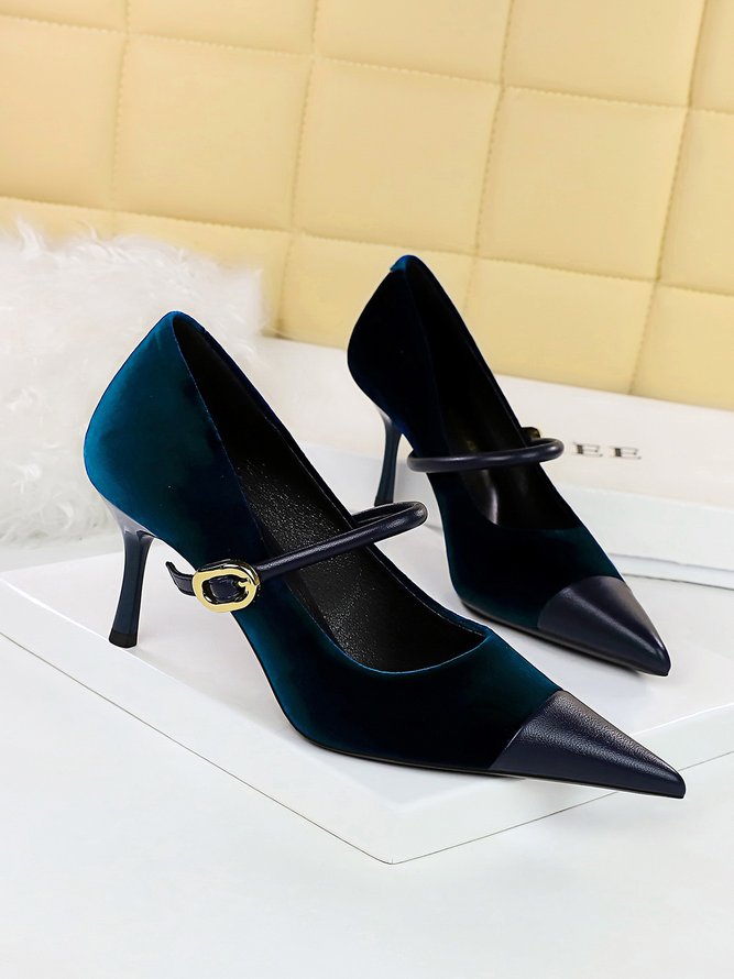 Elegant Velvet Paneled Adjustable Buckle Mary Jane Pumps