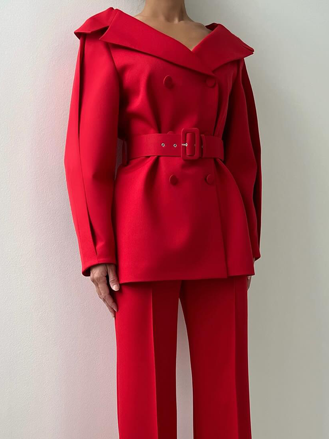 Lapel Collar Long Sleeve Urban Blazer with Belt
