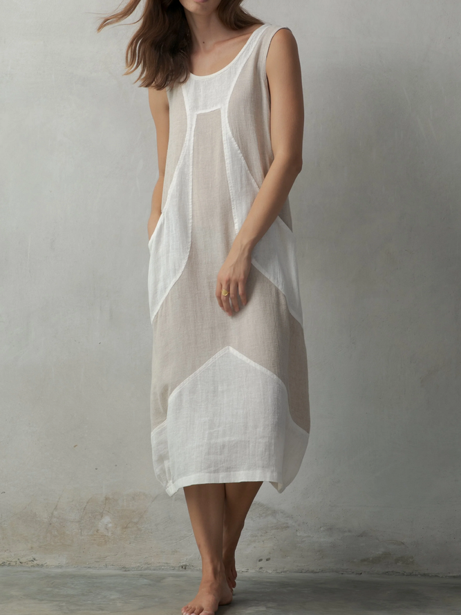 STYLE WE x CHILLINEN |Crew Neck Plain Linen Linen Dress With No