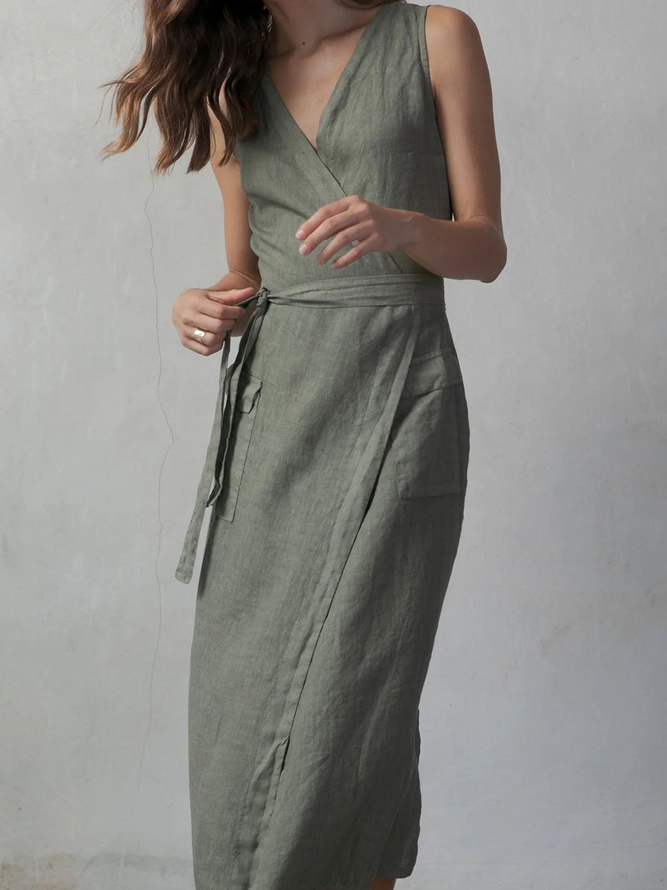 STYLE WE x CHILLINEN |Linen V Neck Plain Linen Dress With No