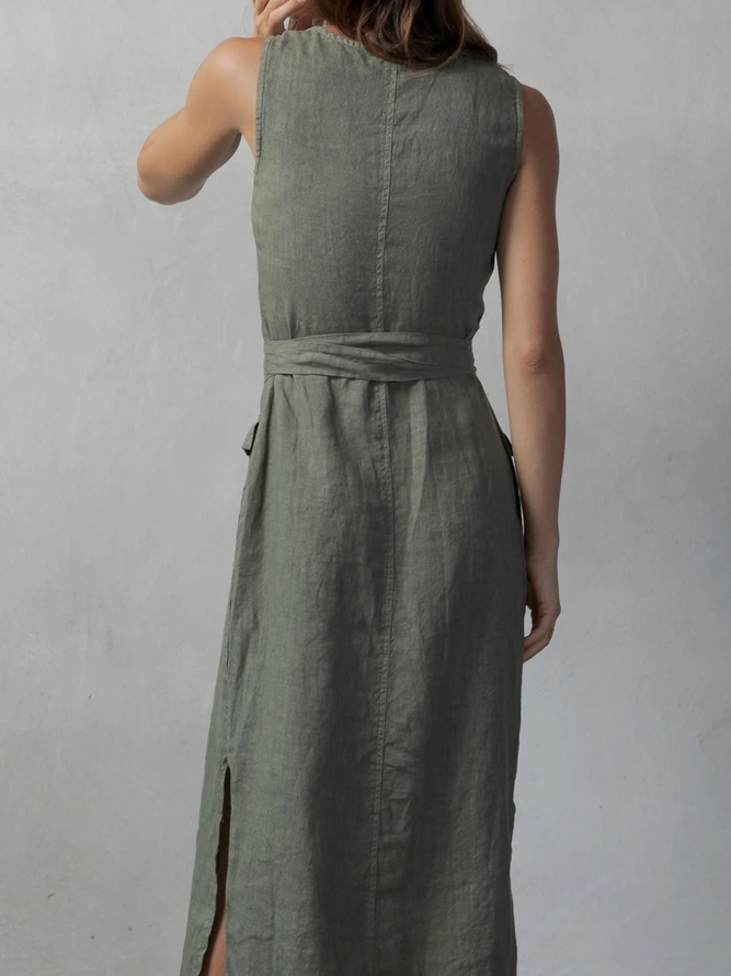 STYLE WE x CHILLINEN |Linen V Neck Plain Linen Dress With No