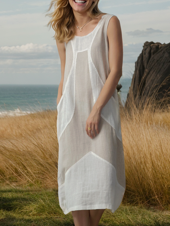 STYLE WE x CHILLINEN |Crew Neck Plain Linen Linen Dress With No