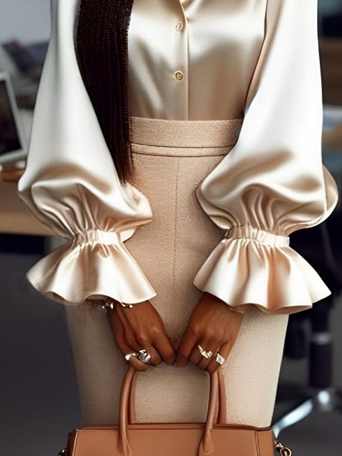 Urban Plain Satin Ruffle Sleeve Shirt
