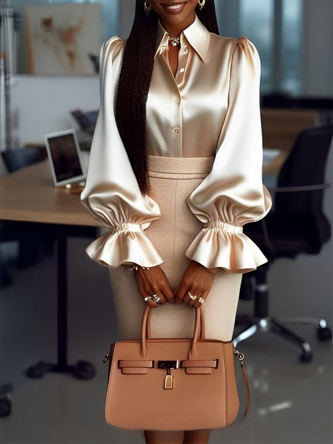 Urban Plain Satin Ruffle Sleeve Shirt