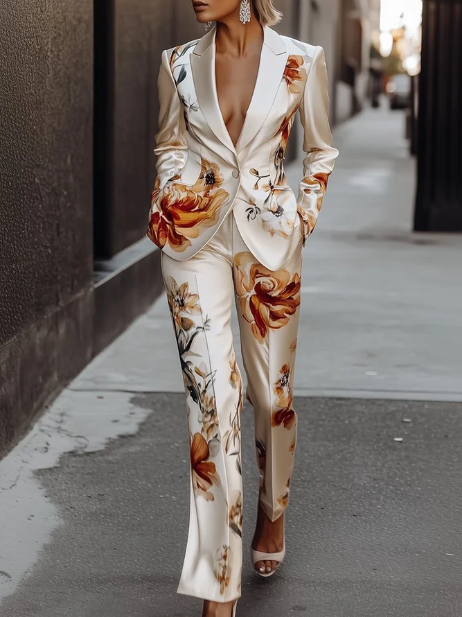 Elegant Luxury Satin Floral Straight-Leg Pants 