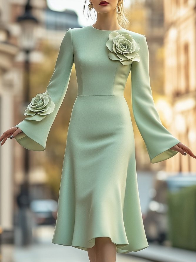 Elegant Bell Sleeve 3D Floral Crew Neck Knee Length Dress