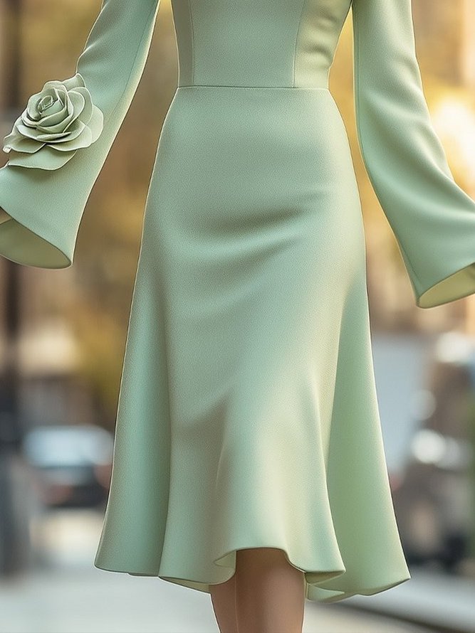 Elegant Bell Sleeve 3D Floral Crew Neck Knee Length Dress