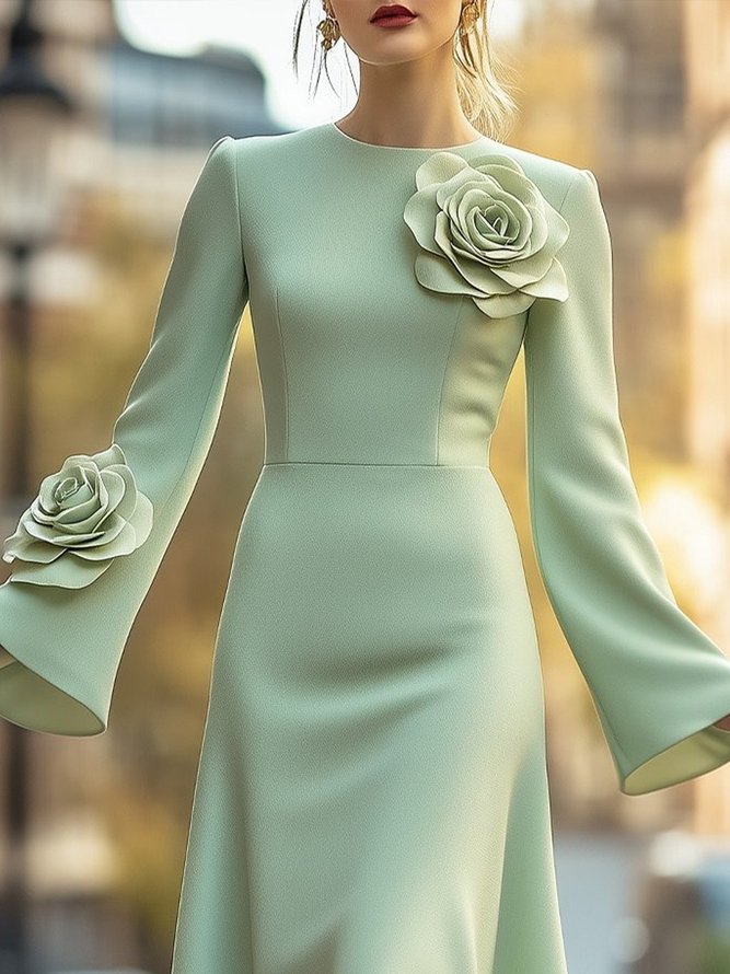 Elegant Bell Sleeve 3D Floral Crew Neck Knee Length Dress