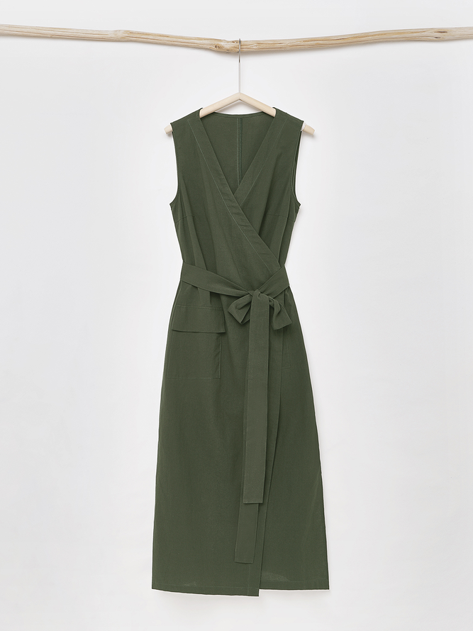 STYLE WE x CHILLINEN |Linen V Neck Plain Linen Dress With No