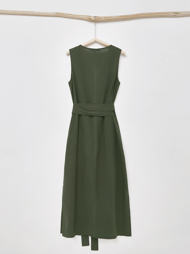 STYLE WE x CHILLINEN |Linen V Neck Plain Linen Dress With No