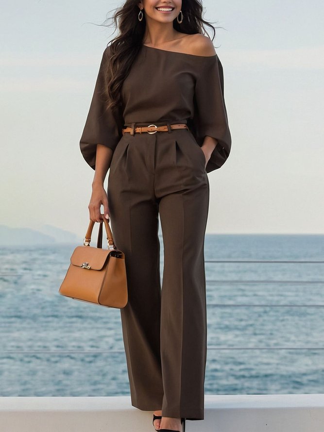 Urban Plain Irregular Craftsmanship One Shoulder Balloon Sleeve Blouse