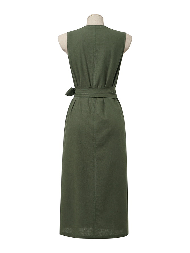 STYLE WE x CHILLINEN |Linen V Neck Plain Linen Dress With No