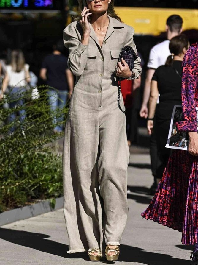 Urban Shawl Collar Long Sleeve Loose Linen Jumpsuit 