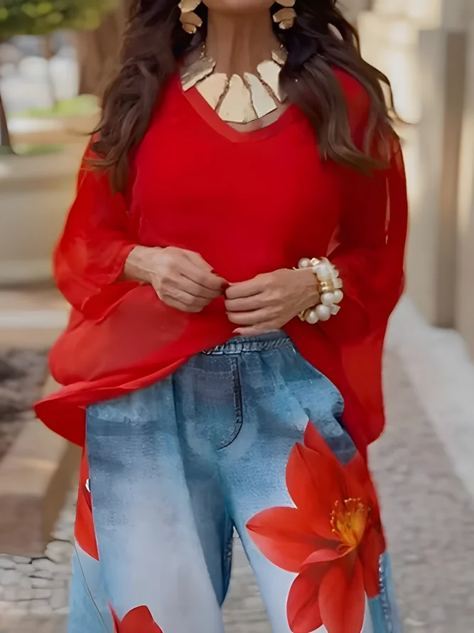 Casual V-Neck Loose Sheer Blouse