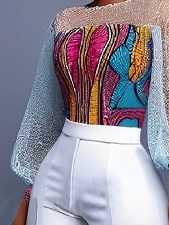 Elegant Patchwork Sheer Mesh Balloon Sleeve Blouse