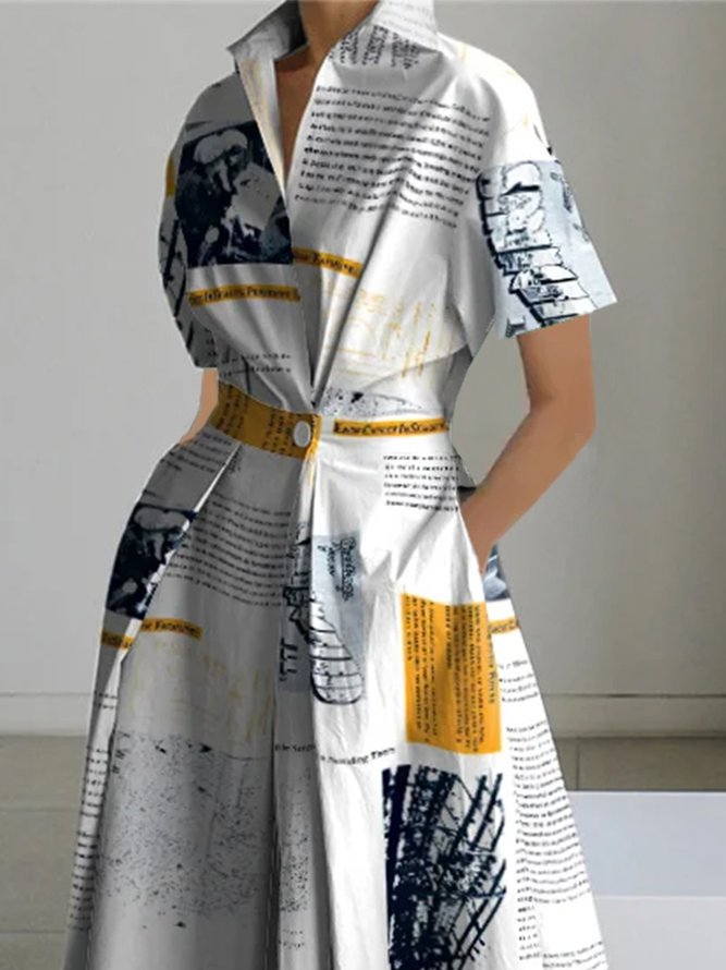 Casual Letter Pattern Printing Shirt Collar Midi Dress