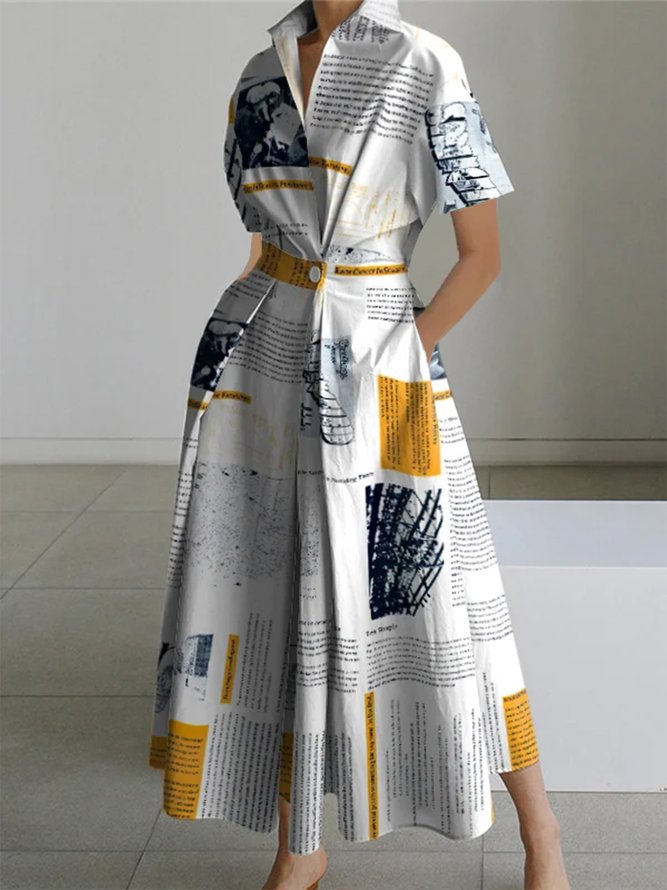 Casual Letter Pattern Printing Shirt Collar Midi Dress