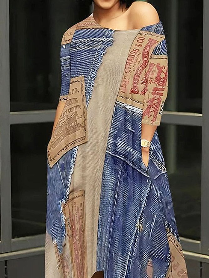 Casual Random Print Off  Asymmetrical  printing Maxi Dress