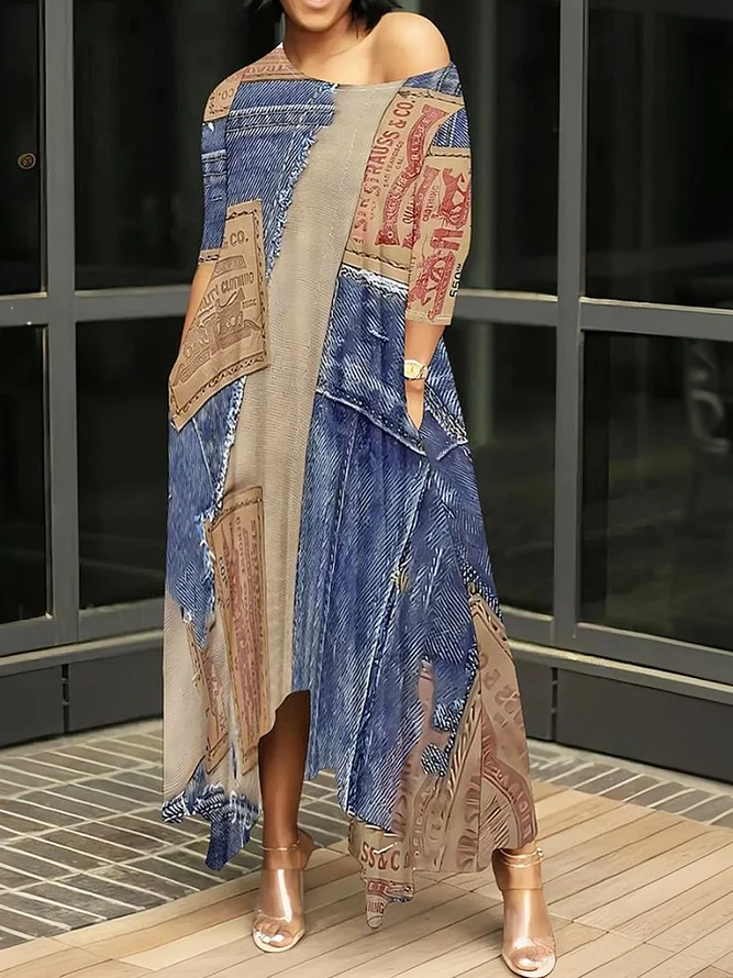 Casual Random Print Off  Asymmetrical  printing Maxi Dress