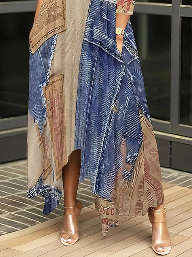 Casual Random Print Off  Asymmetrical  printing Maxi Dress