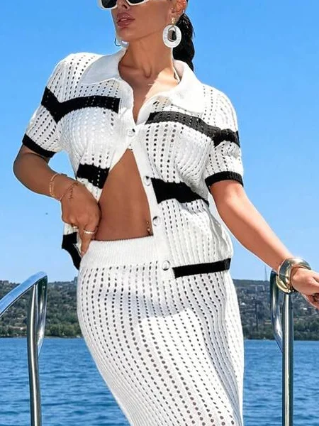 Vacation Color Block Buttoned Cardigan