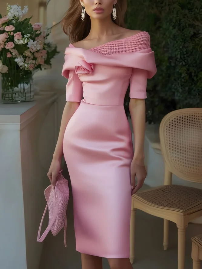 Elegant Plain 3D Floral Midi Party Dress