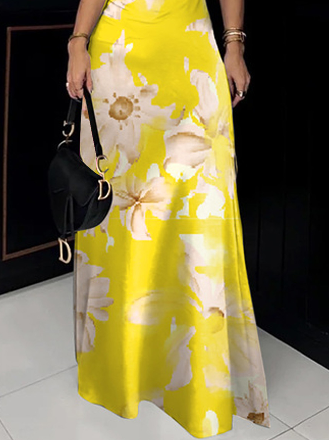 Urban Floral Off Shoulder Sleeve Printing Turtleneck Maxi Dress