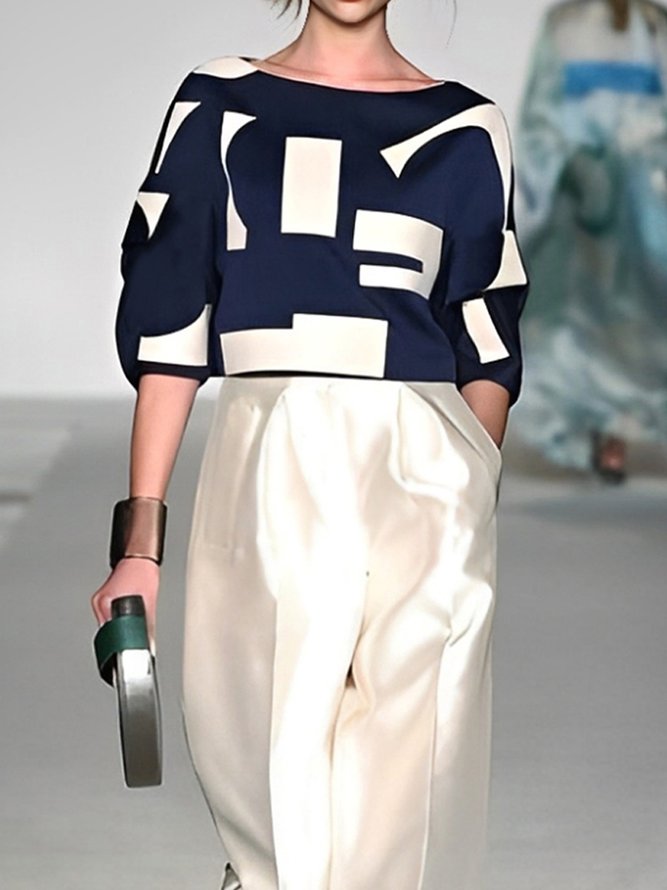 Urban Geometric Printing Crew Neck Raglan Sleeves Blouse