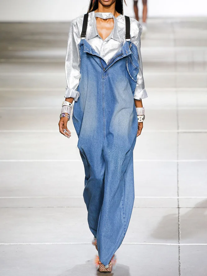 Loose Plain Casual Denim Bib Pants
