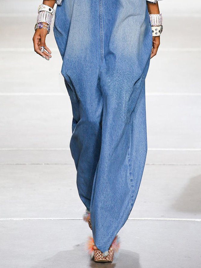Loose Plain Casual Denim Bib Pants
