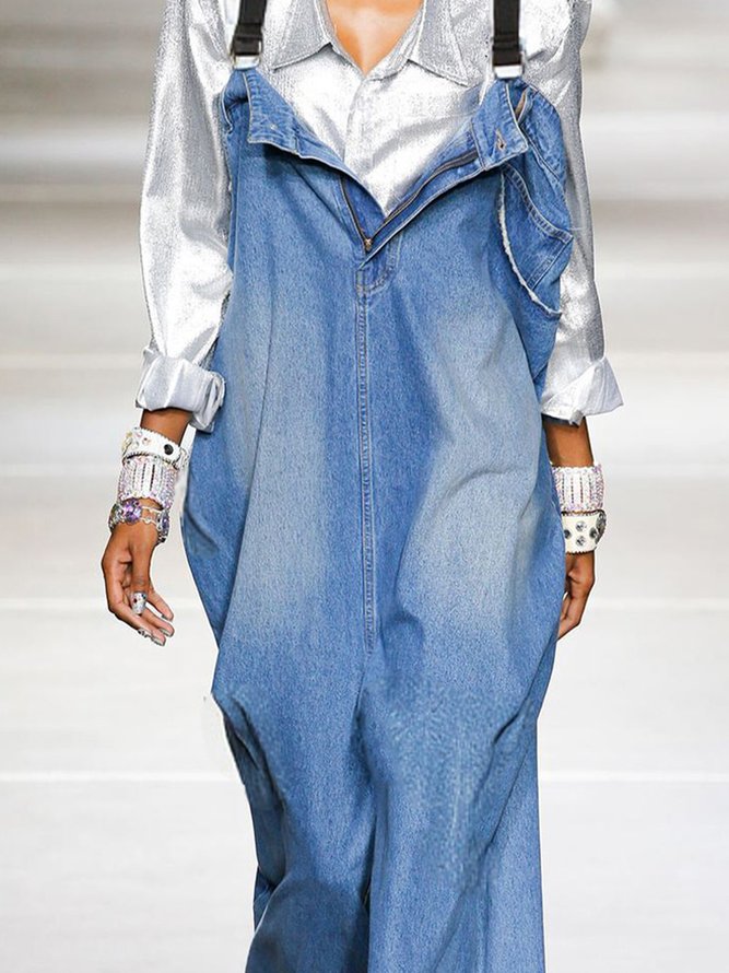 Loose Plain Casual Denim Bib Pants