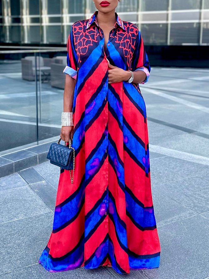 Print Trim Shirt Collar Maxi Dress