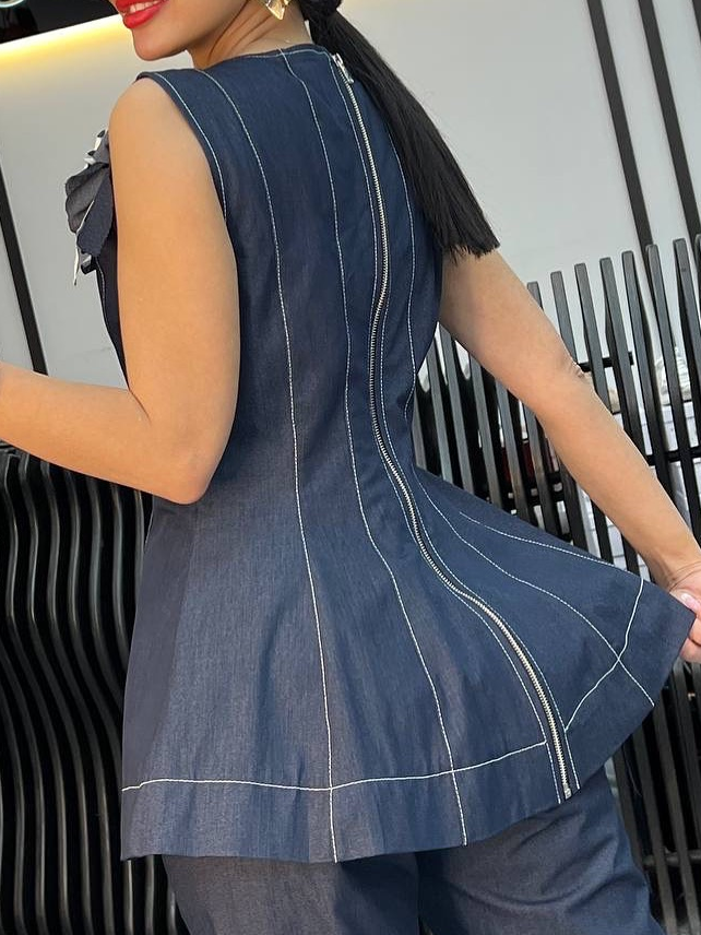 Urban Zipper Denim Sleeveless Top With Brooch