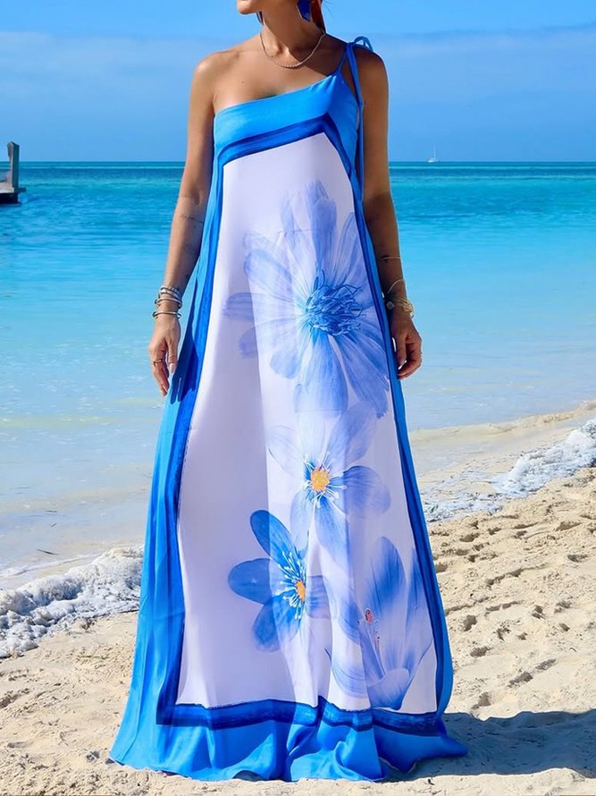 Floral Print Sleeveless Off-Shoulder Elegant Vacation Maxi Dress