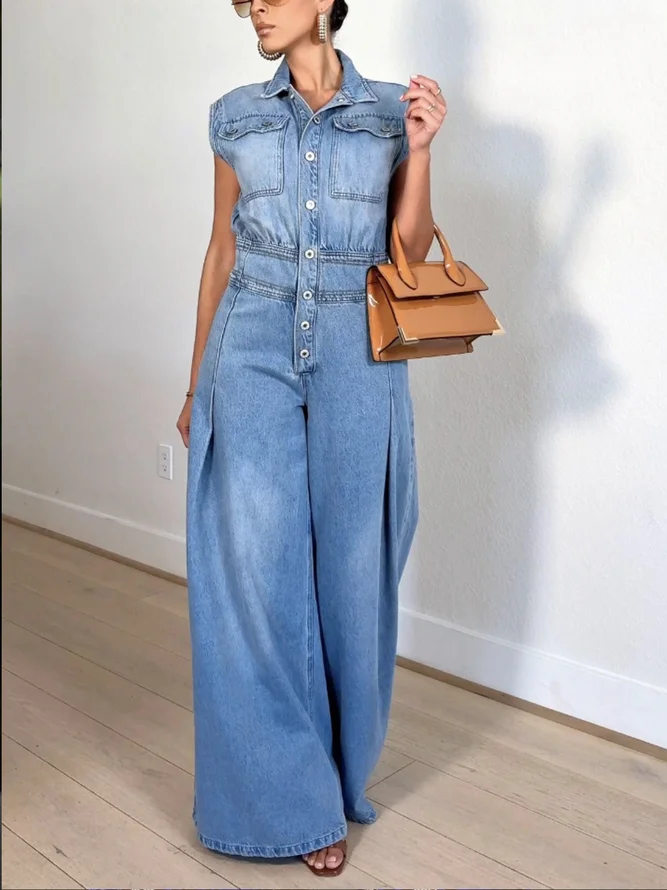 Casual Pockets Plain Shawl Collar Denim Jumpsuit