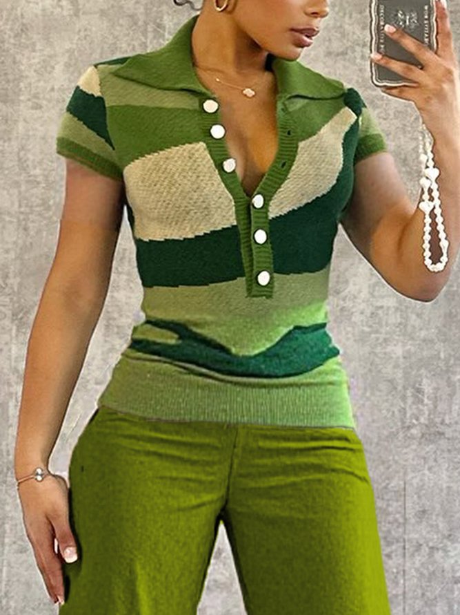 Casual Colorblock Buttoned Polo Collar Sweater