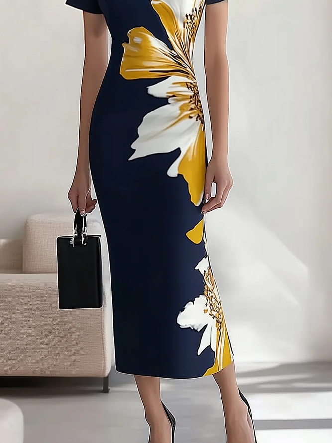 Urban Floral Printing V Neck Midi Dress